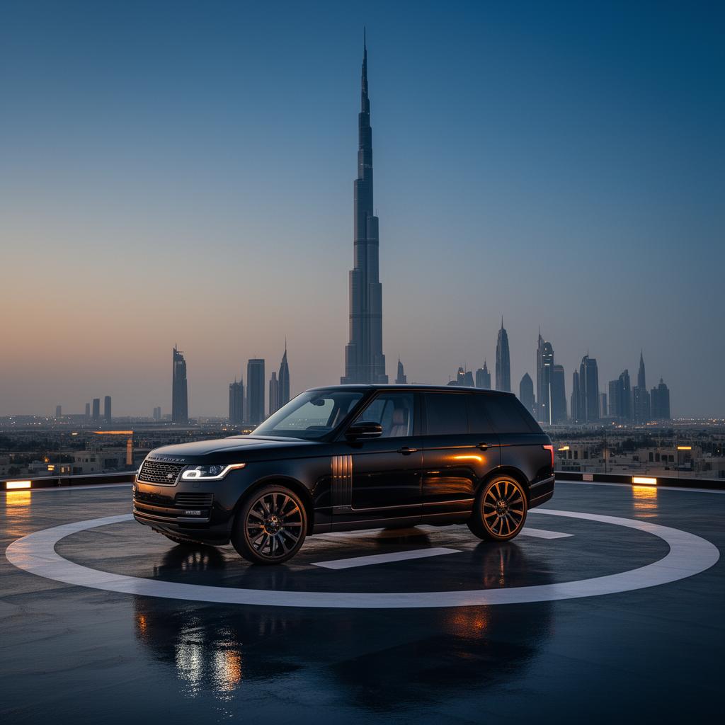 Black luxury SUV on a Dubai rooftop with Burj Khalifa